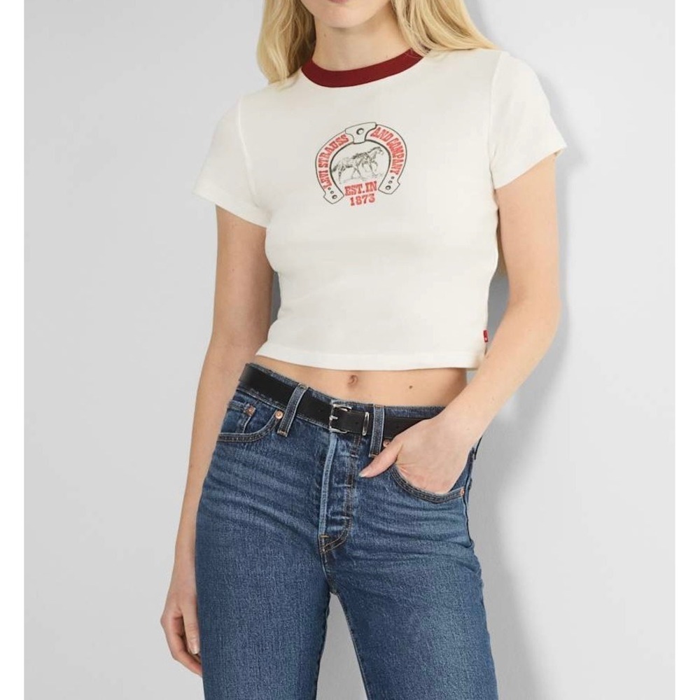 Levis Womens XL White Ringer Crop Tee Horseshoe‎ Graphic Est 1873 Cotton T-Shirt